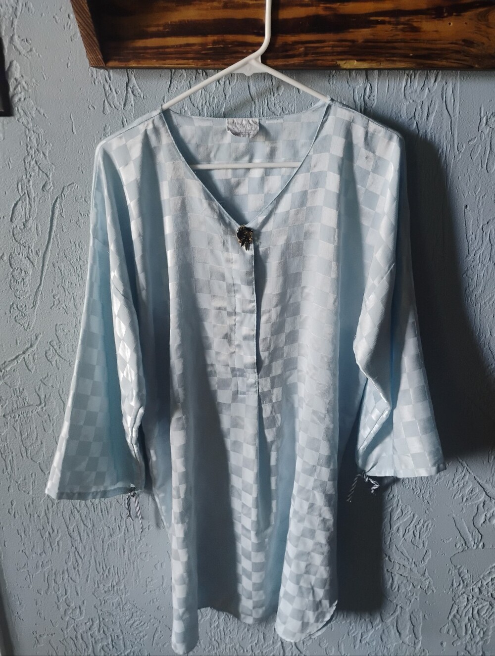 Unique vintage sky blue checkered tunic blouse with  extra wide kimono sleeves